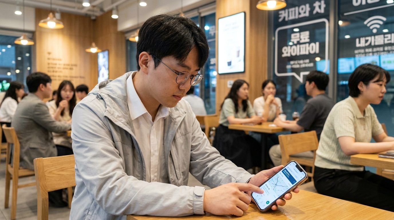카페에서 스마트폰으로 버스와 지하철 실시간 도착 정보 및 환승 안내를 확인하는 한국인 젊은 남성
