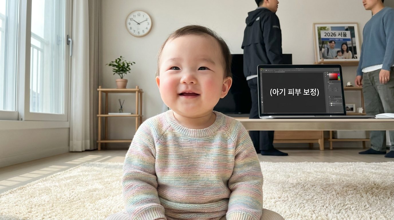 아기 사진 보정: 행복하게 미소 짓는 한국 아기의 자연스러운 피부를 클로즈업한 고화질 이미지, 부드러운 파스텔 옷을 입고 현대적인 한국 가정 배경 속에 있음