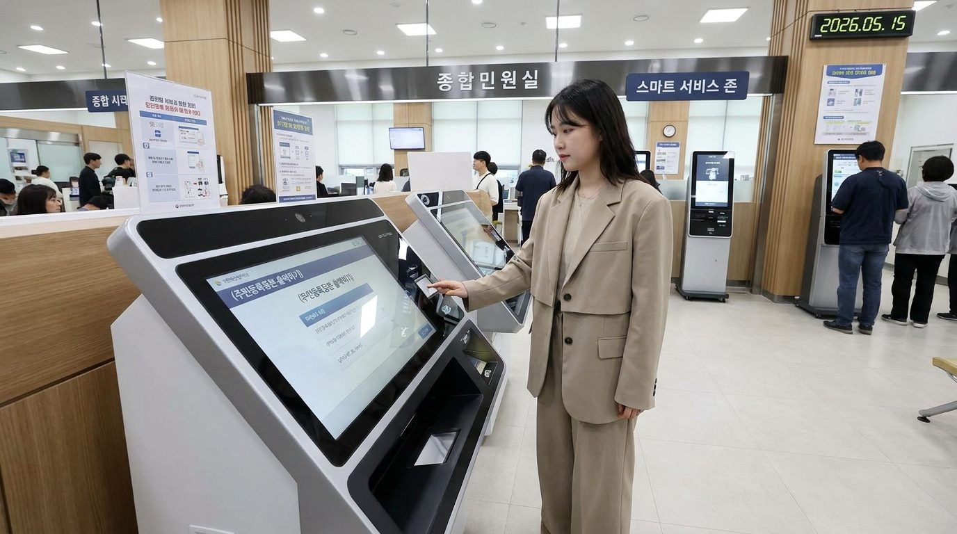 무인민원발급기에서 주민등록등본을 출력하는 한국인의 모습을 묘사한 실사 이미지