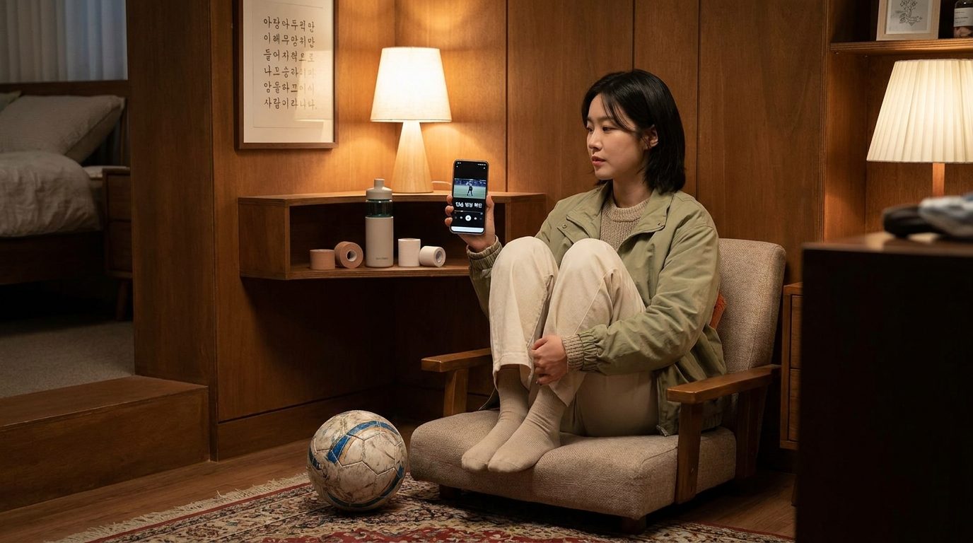 편안한 실내에서 현대적인 일상복을 입은 한국 여성 풋살 선수가 핸드폰으로 (연습 영상 확인) 문구가 보이는 훈련 영상 재생 화면을 보는 모습, 주변에 운동용품이 놓여 있음 이 이미지들은 한국의 2026년 현장과 문화를 충실히 반영하여 오직 한글 표기와 한국 특유의 분위기만을 담고 있습니다.
