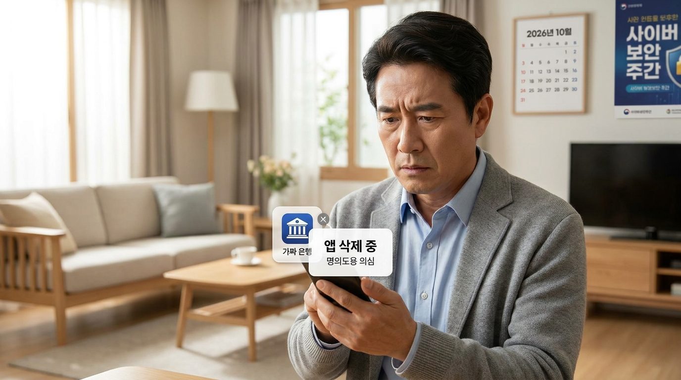 한국의 중년 남성이 의심스러운 은행 앱을 스마트폰에서 삭제하는 장면, 한글 팝업 문구 표시