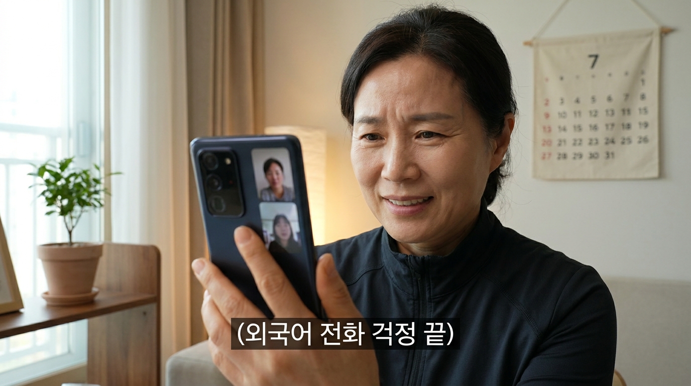 갤럭시 스마트폰으로 외국어 전화를 걱정 없이 사용하는 한국인 중년 남성의 모습
