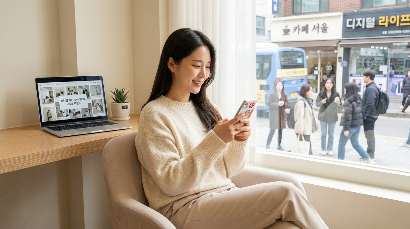프롬프트 역추출: 모던하고 편안한 실내에서 최신 스마트폰으로 핀터레스트와 인스타그램을 스크롤하며 스타일 이미지를 찾는 젊은 한국 여성의 모습