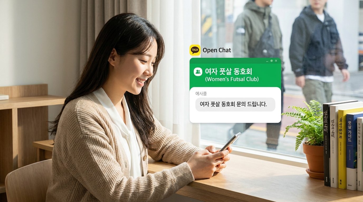 여자 풋살 동호회 가입: 한 여성이 집에서 핸드폰으로 여자 풋살 동호회 문의를 하는 모습