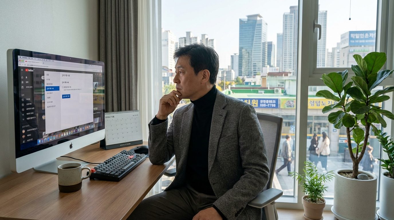 스마트 캐주얼 복장의 중년 한국 남성이 집 사무실에서 컴퓨터로 유튜브 검색기록 삭제 설정 화면을 보고 있는 모습