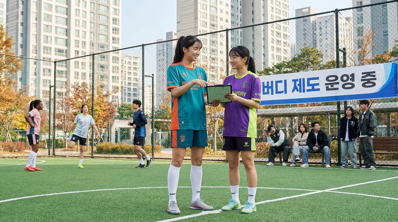 두 여성 풋살 선수가 버디 제도를 통해 경기 전 대화를 나누는 모습