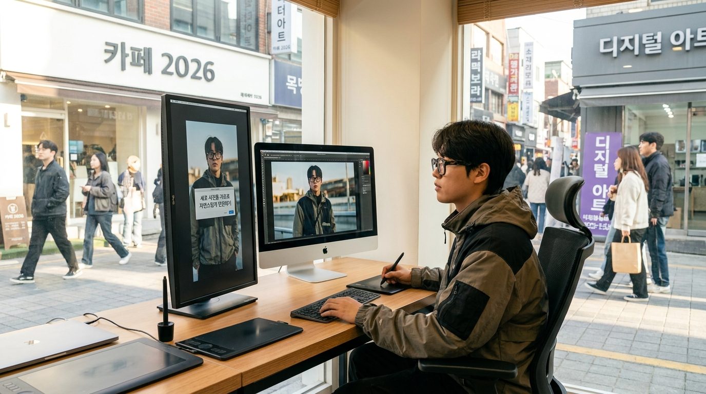 세로 사진 가로 비율: 블로그 대표 이미지로 세로 사진을 가로로 자연스럽게 변환하는 작업을 하는 콘텐츠 제작자가 현대적인 사무실에서 사진 편집 중인 장면
