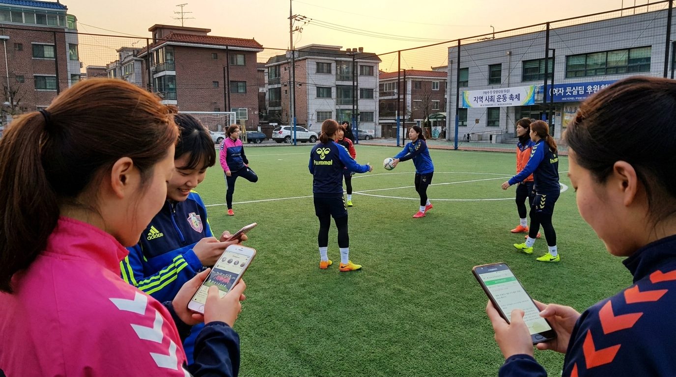 노을 질 무렵 야외 풋살장에서 스포츠웨어를 입고 SNS 활동을 하는 여성 풋살 선수들