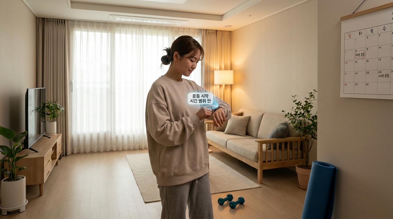 퇴근 후 2시간 이내에 운동 시작을 준비 중인 한국인 집에서 스마트워치를 확인하는 장면