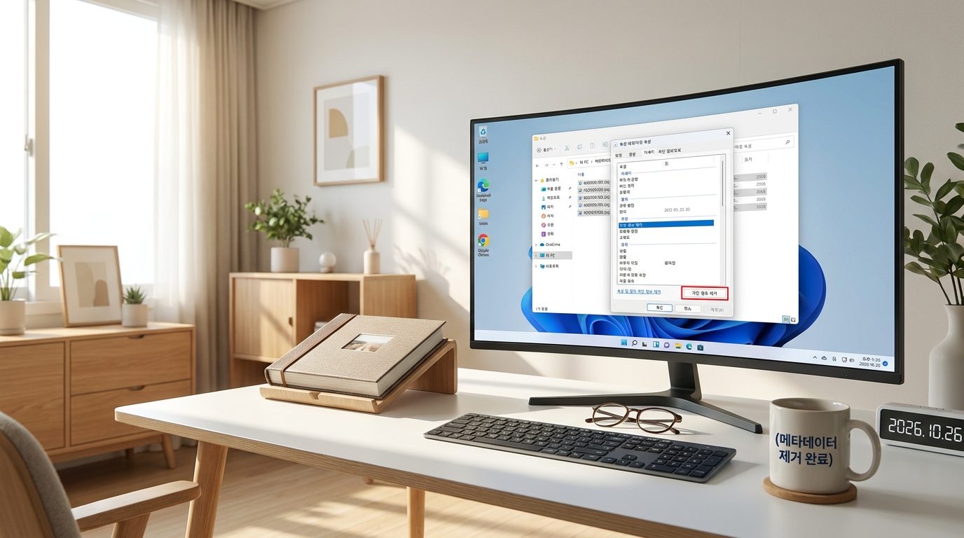 PC 화면에 사진 메타데이터 제거 옵션 보여주는 현대 한국 가정용 컴퓨터 책상 풍경