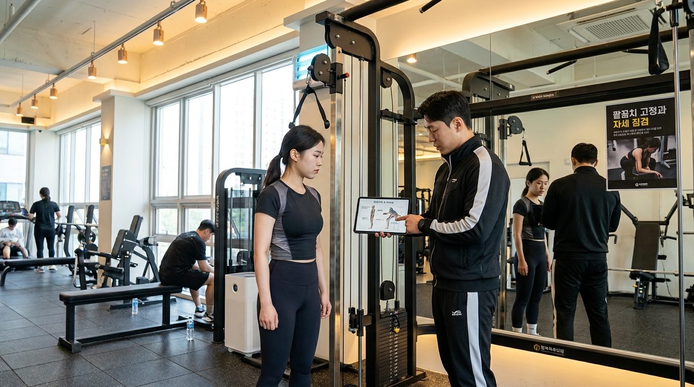 케이블 푸시다운 자세 교정과 실수 점검을 상담하는 개인 트레이너와 한국 여성의 모습 실사 사진