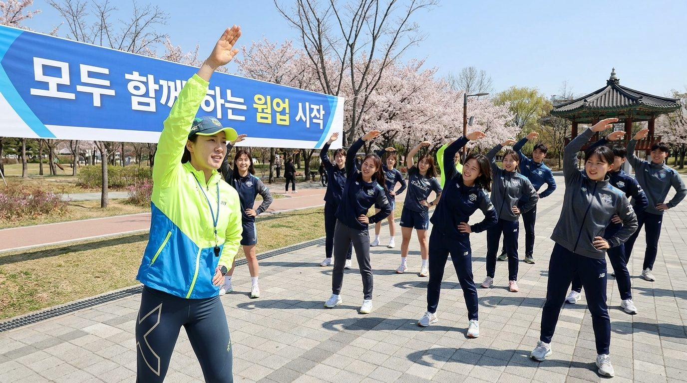 밝은 자켓을 입은 여성 주장이 웜업 시작을 이끌고 있는 모습, 뒤에는 팀원들이 따라하는 모습과 한글 문구가 들어간 배너가 보임 