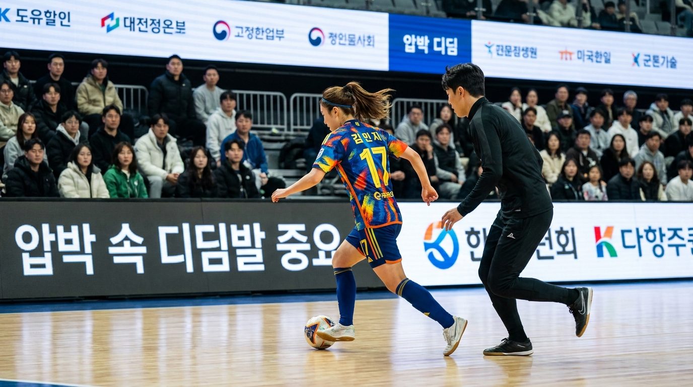 경기 중 압박을 받으며 드리블하는 한국 여성 풋살 선수와 남성 수비수 모습