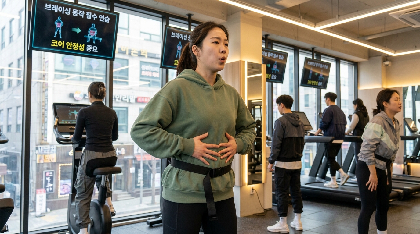2026년 한국 헬스장에서 헬스벨트를 느슨하게 착용하고 복압 호흡 브레이싱 동작을 연습하는 젊은 여성의 실사 이미지
