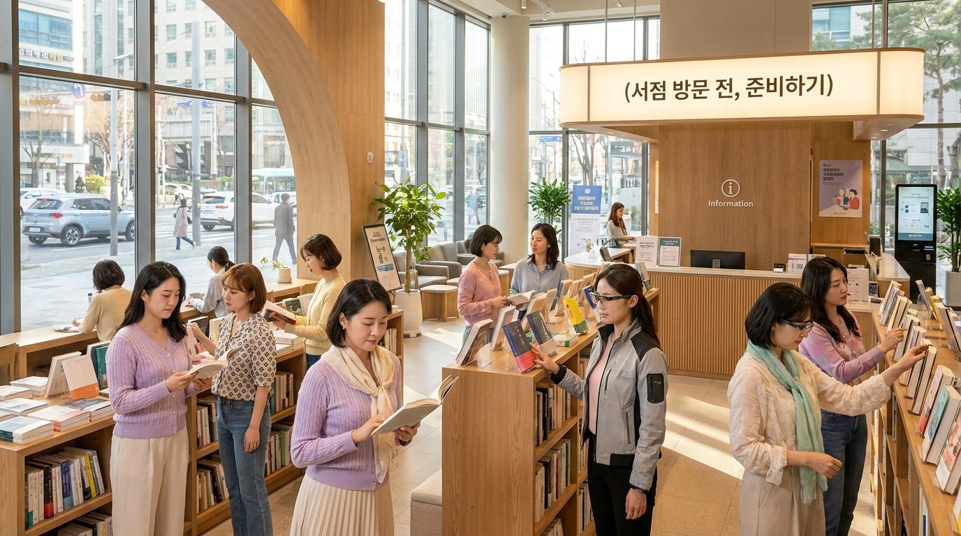 따뜻한 자연광 아래서 다양한 색상의 옷을 입은 여성들이 서점 내부에서 책을 탐색하는 모습의 현대적인 한국 서점 풍경