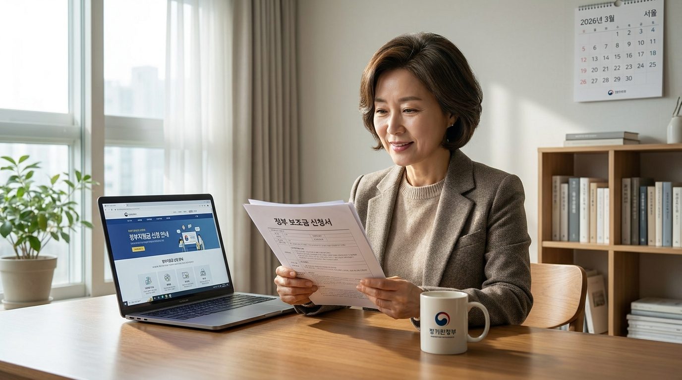 개인회생 지원금: 현대적인 복장으로 정부지원금 신청 안내를 노트북 화면을 통해 확인하는 집중한 한국인의 실내 모습