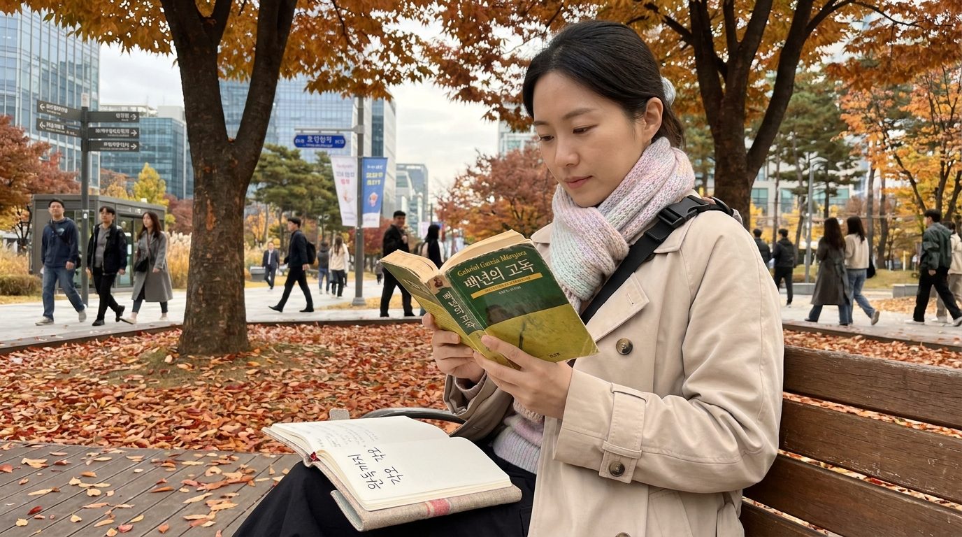 가을 공원 벤치에 앉아 가브리엘 가르시아 마르케스의 백년의 고독을 읽는 스타일리시한 한국 여성의 모습