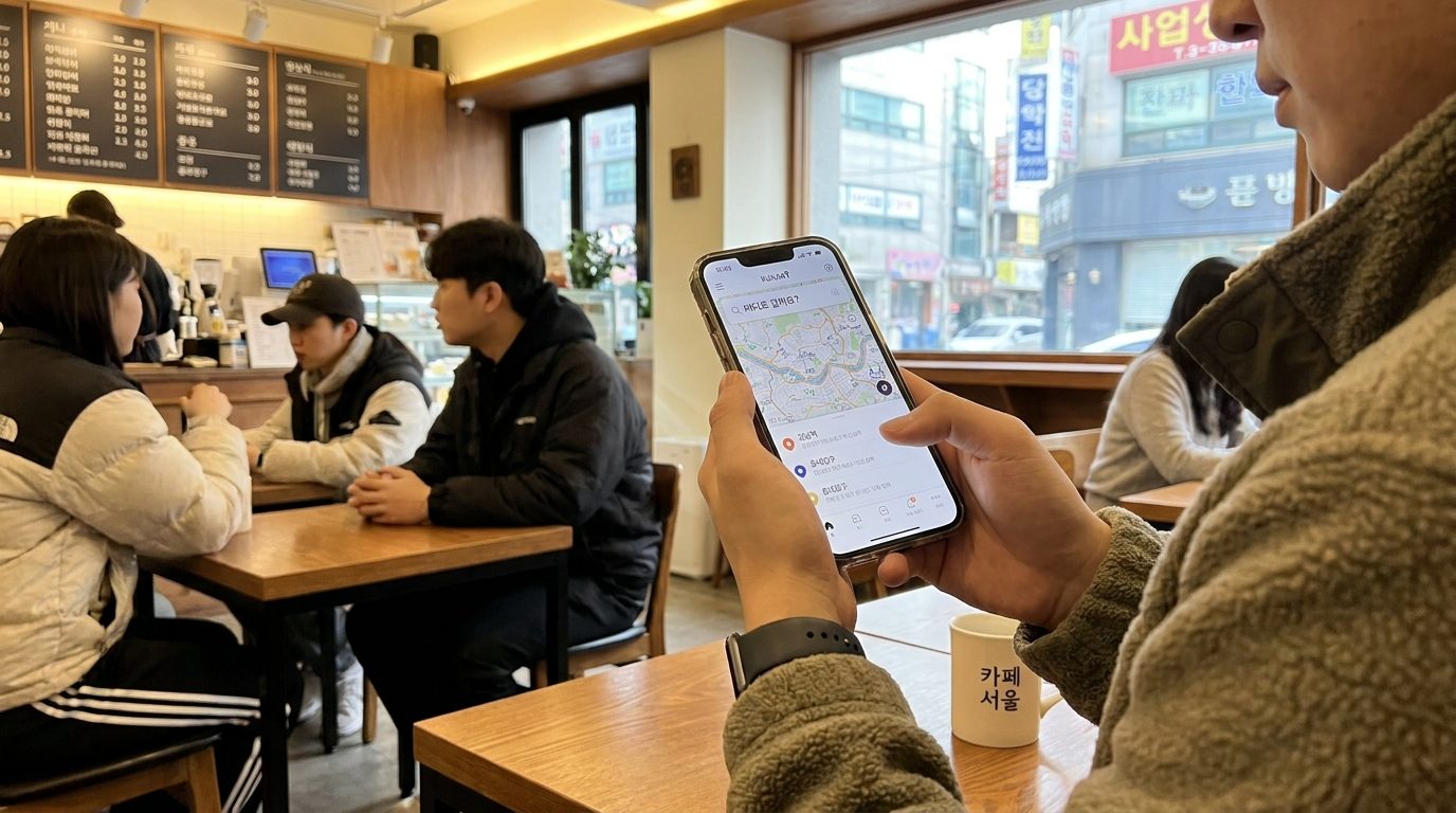 2026년 한국의 카페에서 카카오T 앱으로 택시 호출을 준비하는 모습
