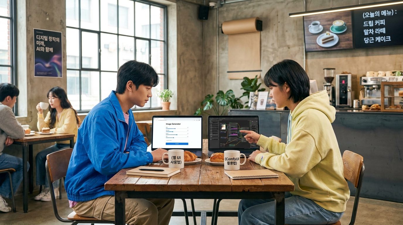 현대적인 카페에서 노트북으로 웹 UI와 노드 기반 워크플로우를 비교 사용하는 20대 한국인 두 명