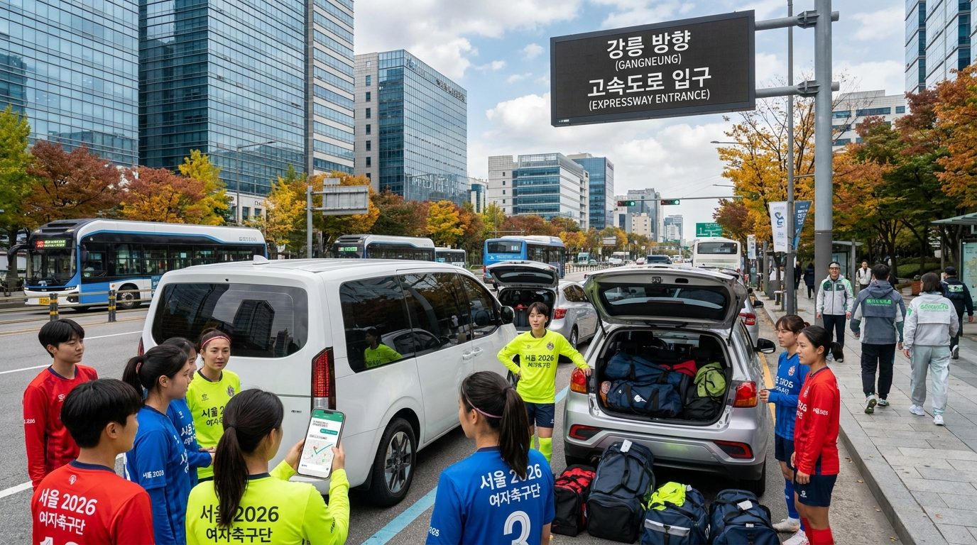 풋살 원정 경기: 원정 교류전을 준비하며 차량 앞에서 모여 대화를 나누고 있는 여성 축구 선수들 모습