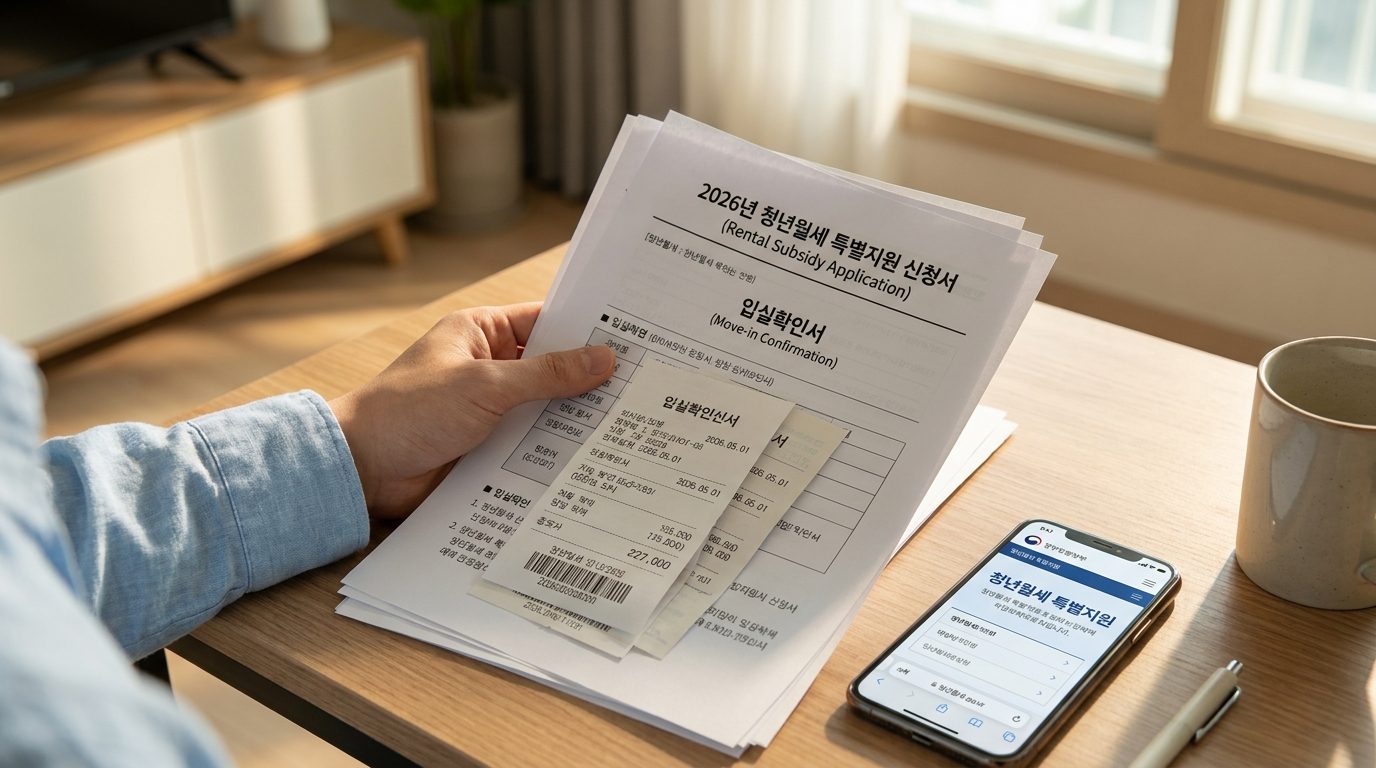 2026년 한국 청년이 월세 지원 신청을 위해 입실확인서와 이용료 영수증 서류를 준비하는 모습