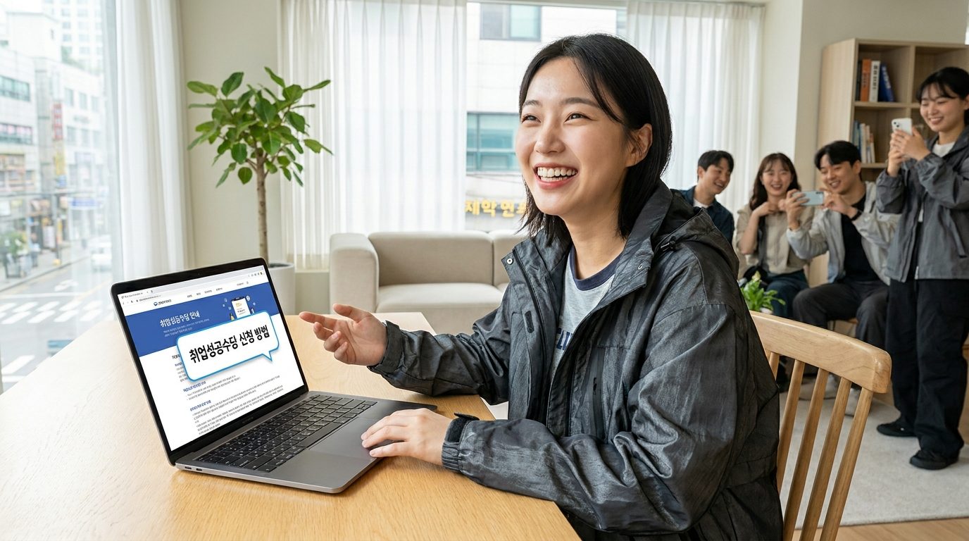 취업성공수당 지급 조건: 취업 성공을 기뻐하는 한국 청년의 집 안 모습과 노트북 화면에 취업성공수당 신청 안내가 보인다.