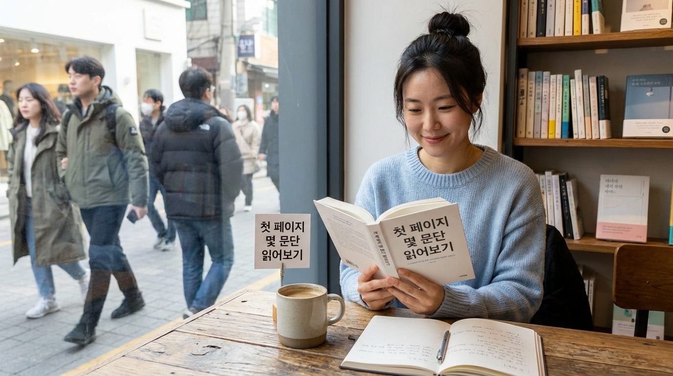 카페 창가 자리에서 책 첫 몇 문단을 읽으며 커피를 곁에 둔 파란색 스웨터를 입은 여성의 클로즈업