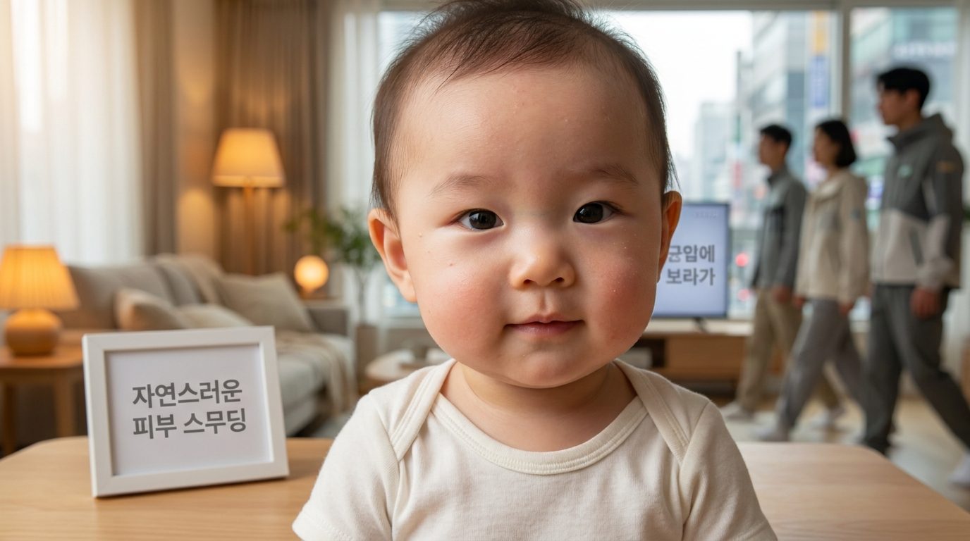 아기의 자연스러운 피부 질감을 클로즈업한 따뜻한 조명 아래 고화질 이미지