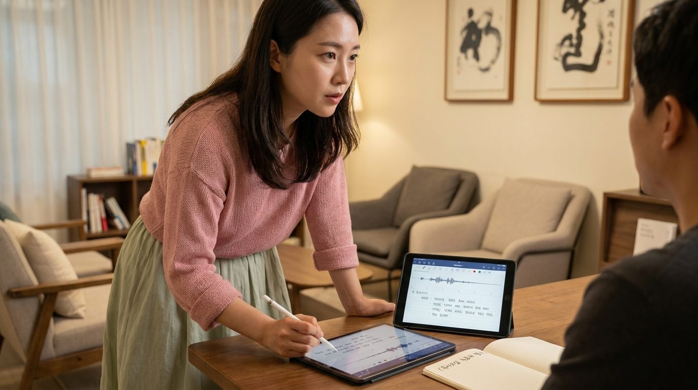 독서모임에서 노타빌리티로 녹음과 필기하는 한국 여성의 집중하는 모습