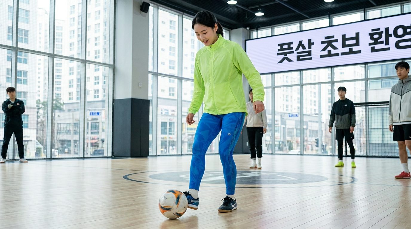 풋살 초보 강습에서 기본기 연습하는 한국 여성