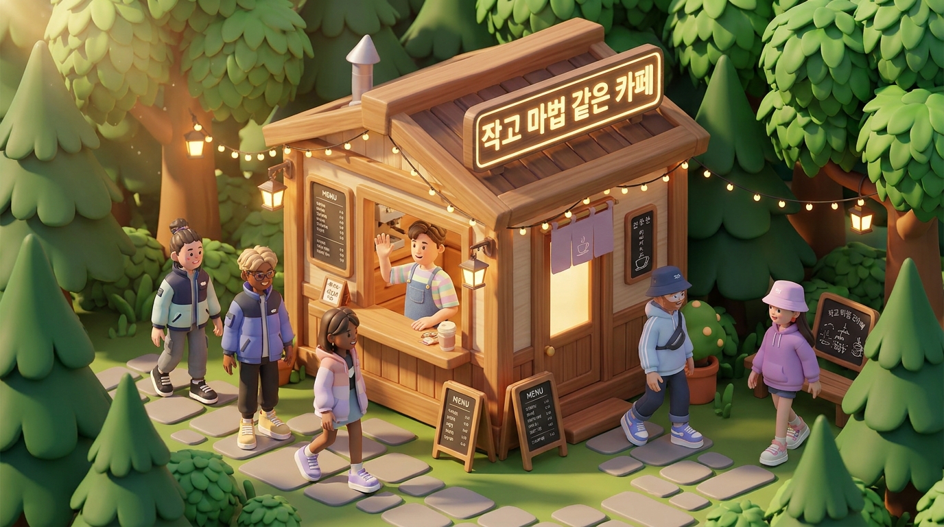 픽사 스타일의 3D 렌더링으로 표현된 숲속의 작고 마법 같은 한국 카페