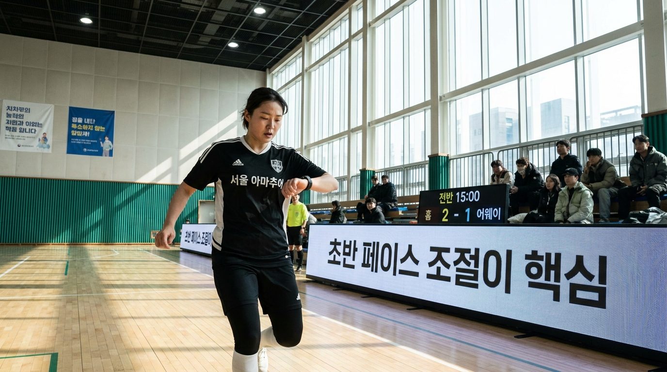 초반 페이스 조절에 집중하며 경기 중 체력을 분배하는 아마추어 여자 풋살 선수