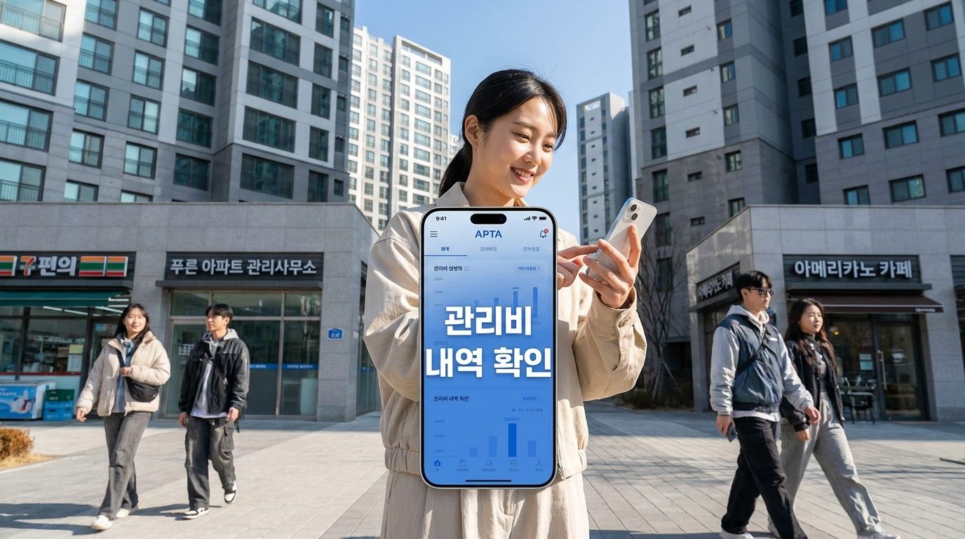 아파트 관리비 조회 어플: 2026년 한국의 최신형 아파트 단지와 스마트폰에 아파트아이 앱이 관리비 내역을 보여주는 모습