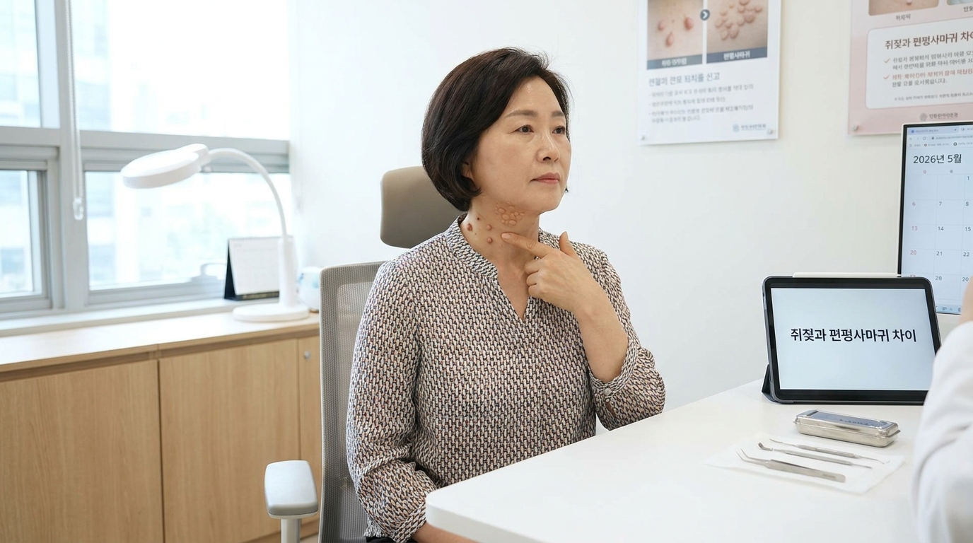 쥐젖과 편평사마귀의 차이를 보여주는 한국 중년인의 피부 클로즈업