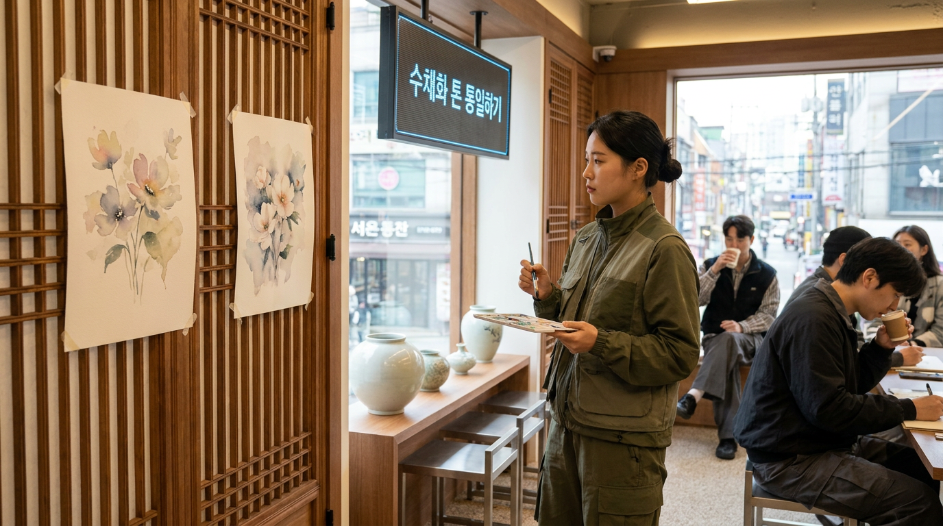 수채화 톤 통일을 하는 현대 한국 화가의 스튜디오 전경