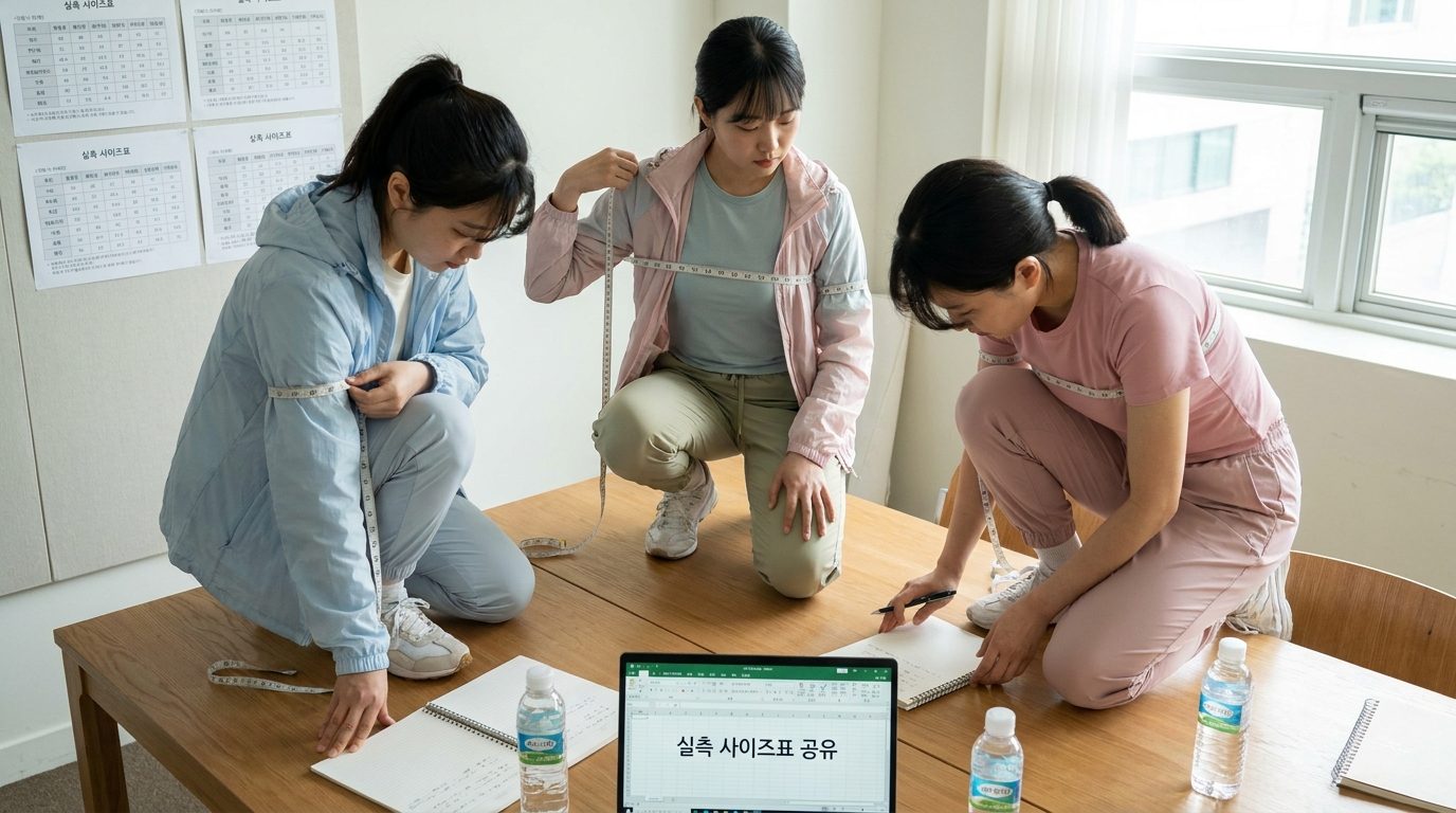 여성 풋살 선수들이 실측 사이즈를 재면서 사이즈표를 확인하는 모습