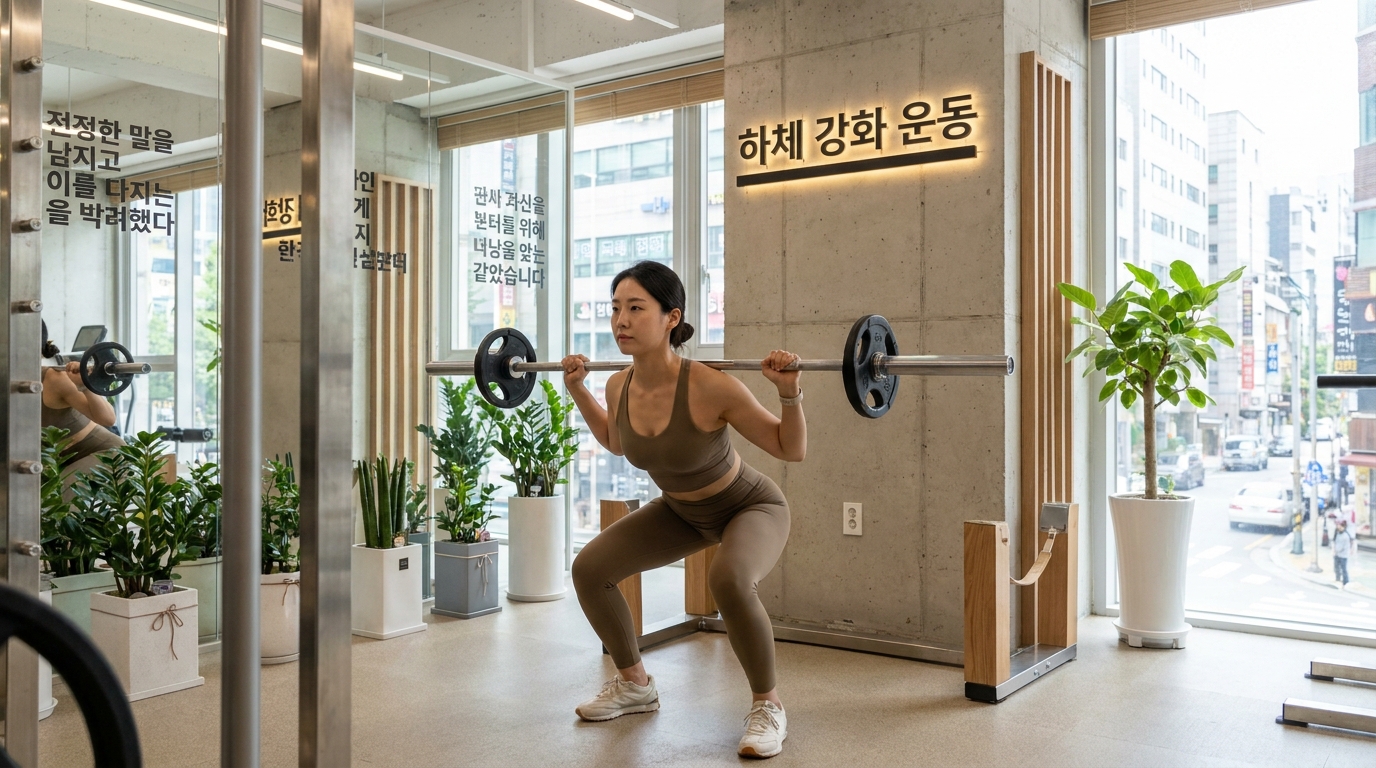 하체 근력 강화를 위해 스쿼트 운동하는 2026년 한국 여성 운동인 이미지고, 자연광과 세련된 헬스장 배경 포함