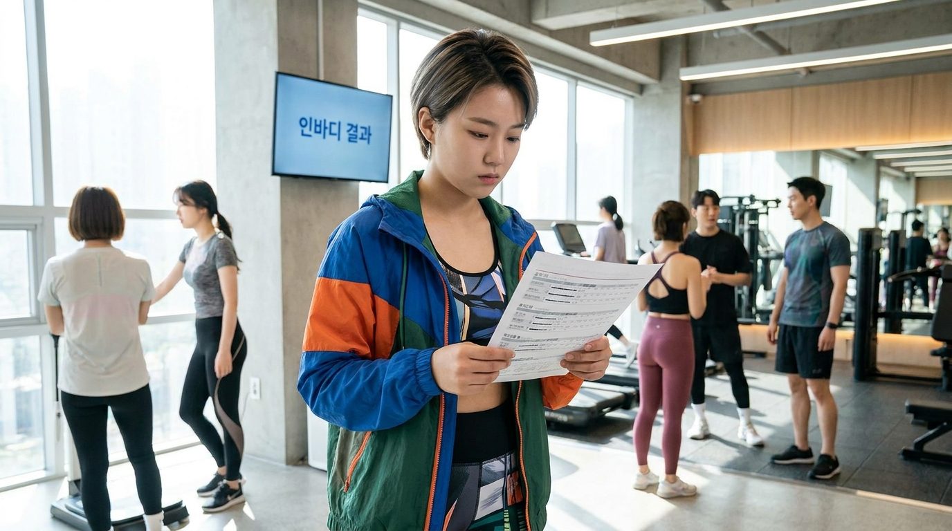 헬스장에서 인바디 결과지를 바라보며 생각하는 한국인 젊은 남성의 모습