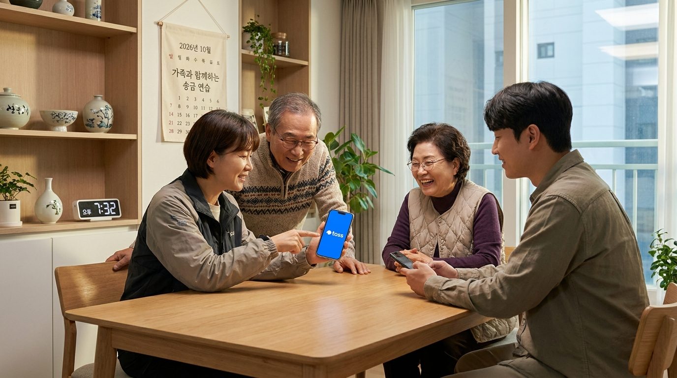 가족이 모여 토스 송금 방법을 함께 배우고 실습하는 한국 가정의 따뜻한 모습