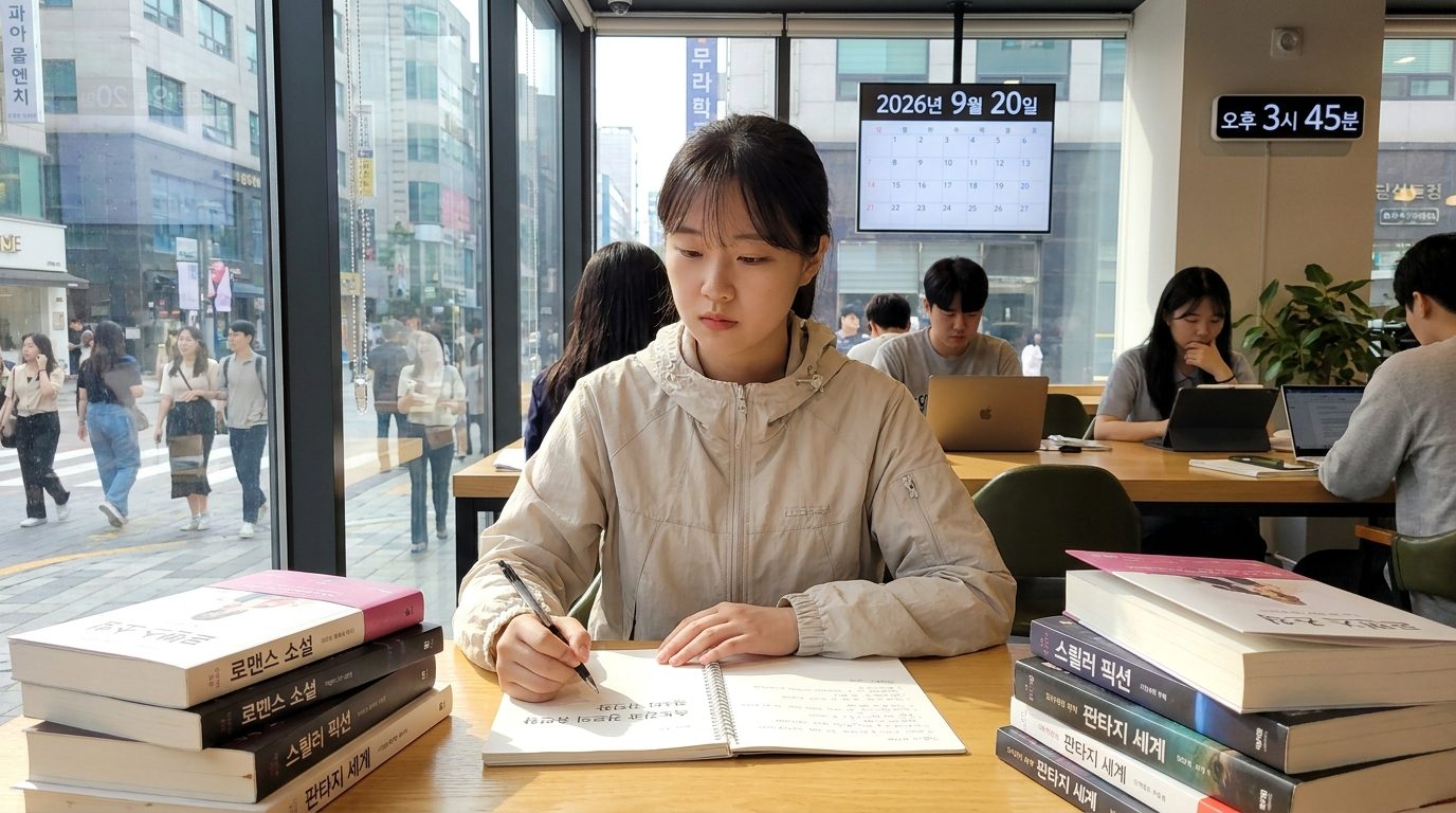 속도감과 장르의 유연함에 집중하며 공부하는 젊은 여성의 실사 이미지