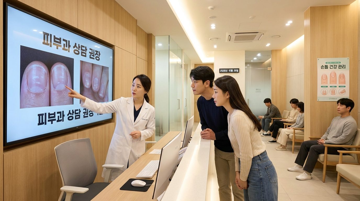 피부과에서 손톱 건강 상담을 받는 한국인 환자와 의사 모습