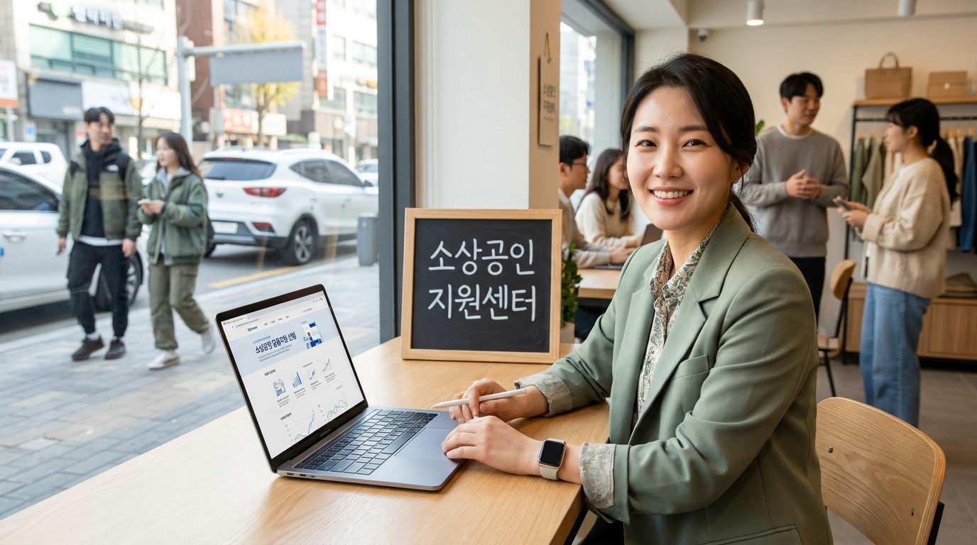 1인 사업자 지원금: 2026년 현대 대한민국에서 소상공인 지원센터 간판이 보이는 작은 사업장에서 노트북 앞에 앉아 미소 짓고 있는 1인 사업자 모습