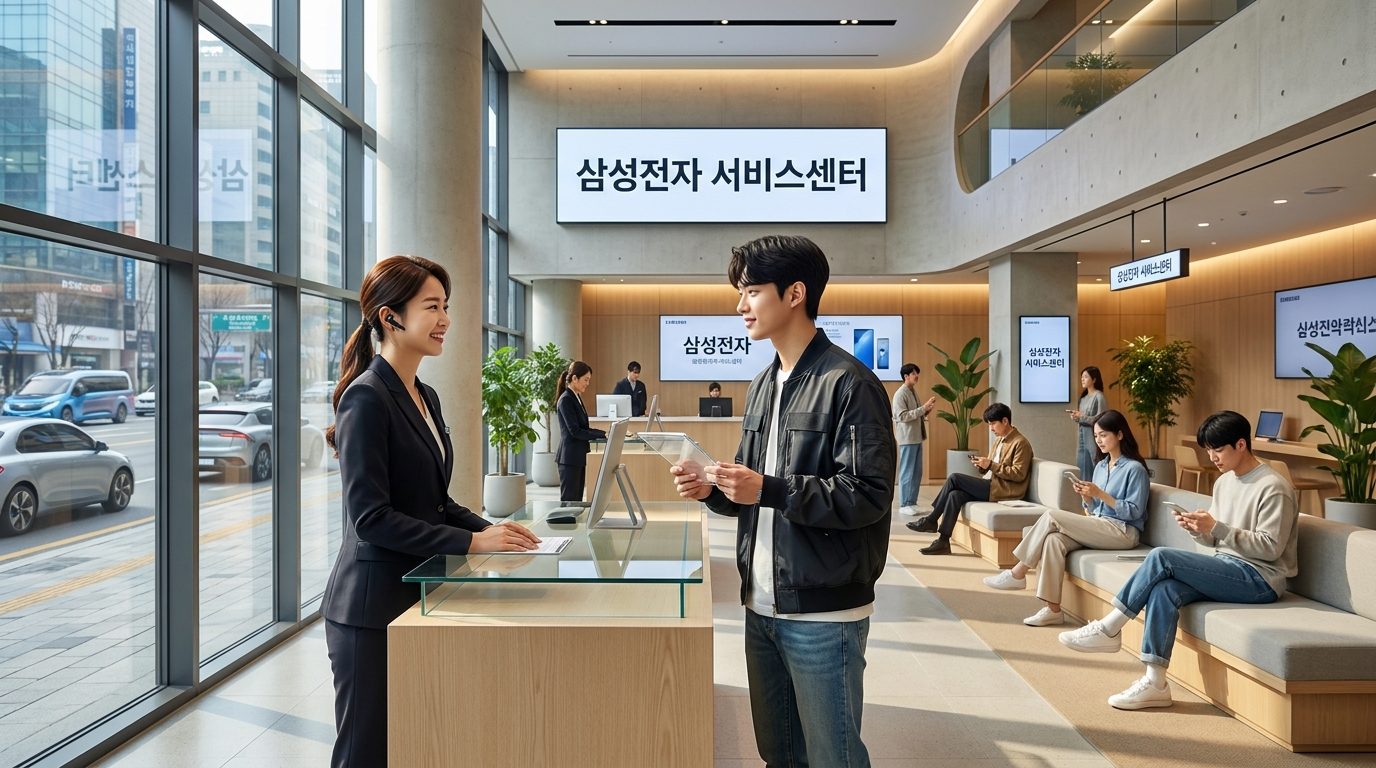 삼성전자 서비스센터 예약: 삼성전자 서비스센터 접수 데스크에서 고객이 직원과 상담하는 모습, 친근하고 현대적인 한국 서비스센터 분위기