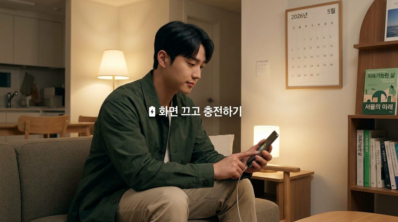 스마트폰 화면을 끄고 충전 속도를 높이려는 2026년 한국의 젊은 남성