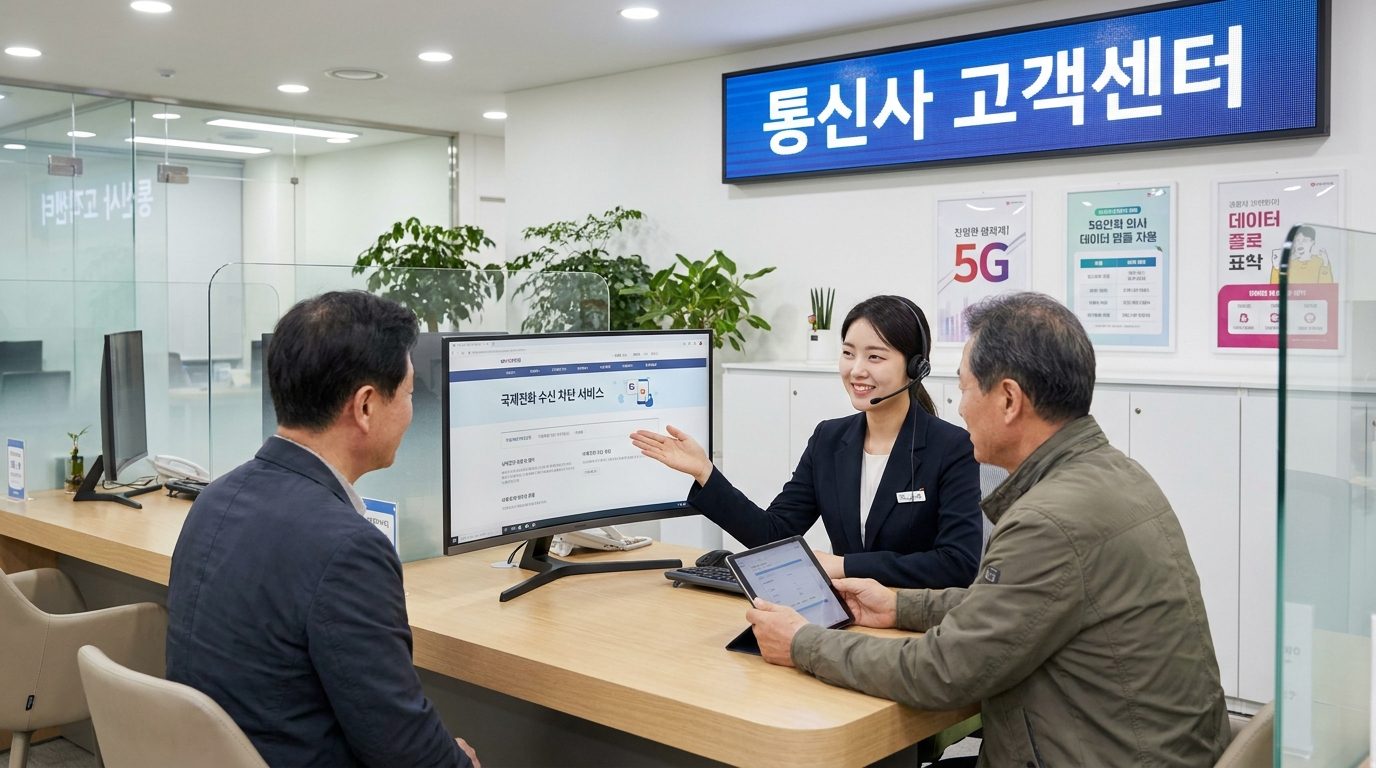 한국 통신사 고객센터에서 국제전화 차단 서비스를 안내하는 직원과 고객 모습