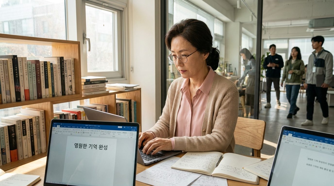 다작비결: 현대 한국의 집필 공간에서 집중하여 작업하는 중년 여성 작가의 모습
