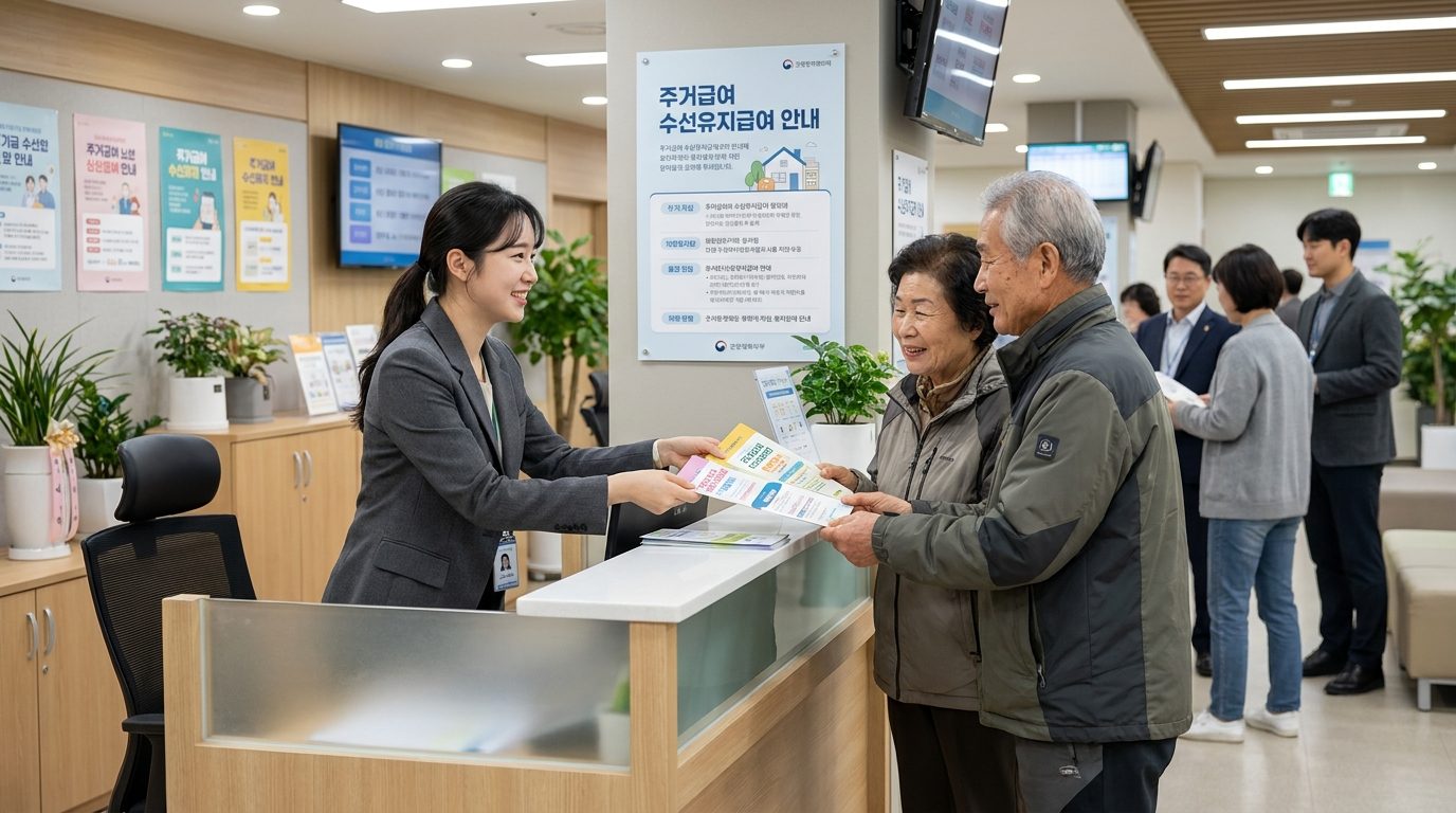 주거급여 수선유지급여 안내 포스터가 배경에 보이는 한국 복지센터 접수처에서 상담하는 젊은 여성과 노년 부부 모습