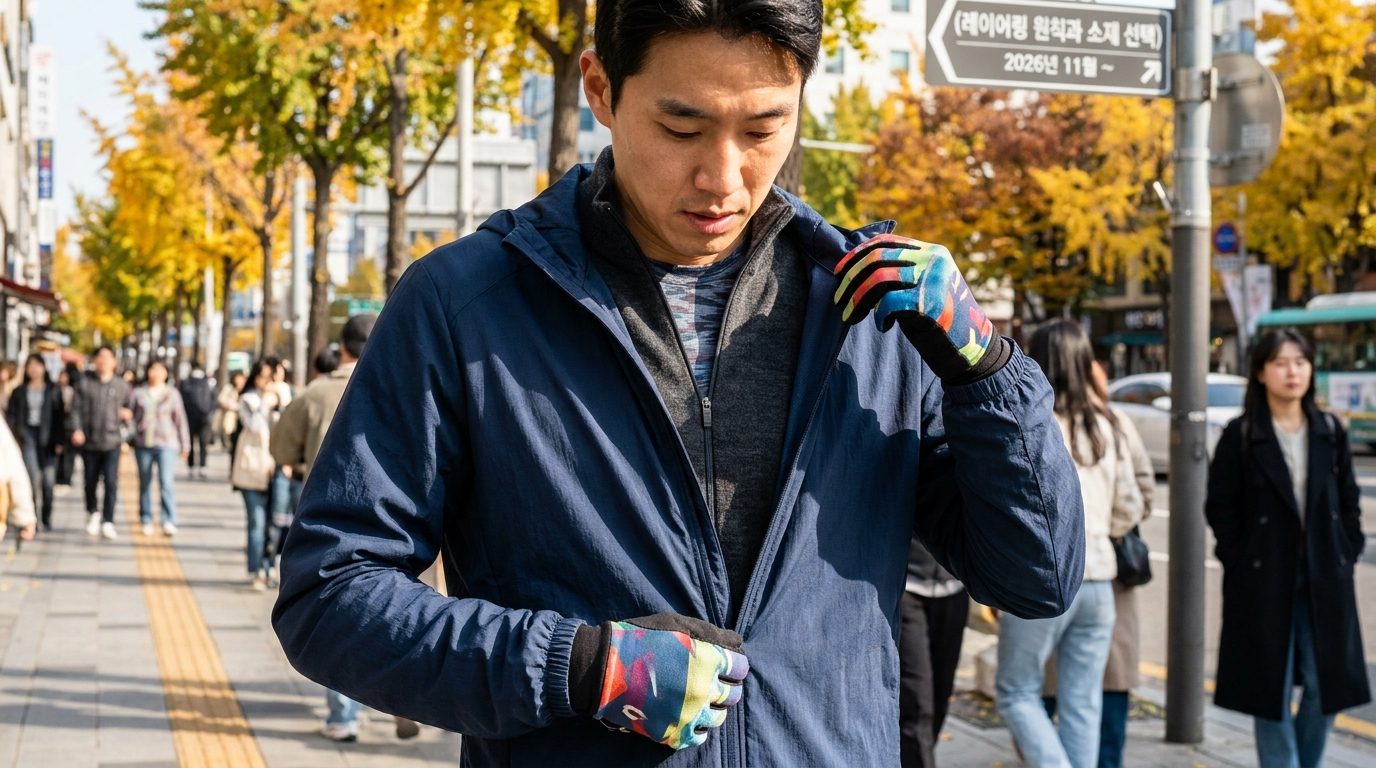 가을 러닝 복장 레이어링 원칙과 소재를 설명하며 의류를 조절하는 한국인 러너 클로업