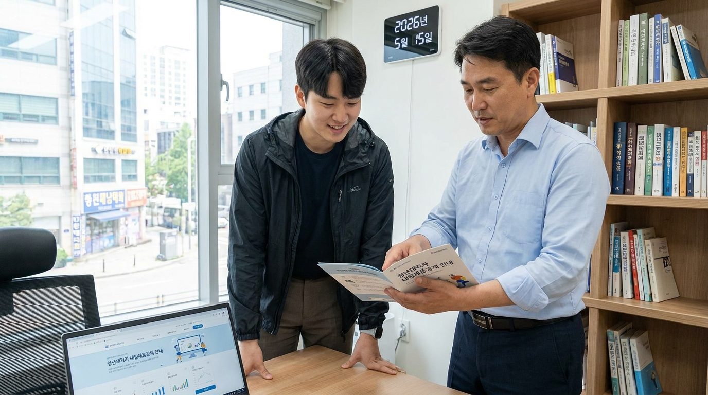 청년재직자 내일채움공제 가입에 대해 상담하는 중소기업 직원과 관리자