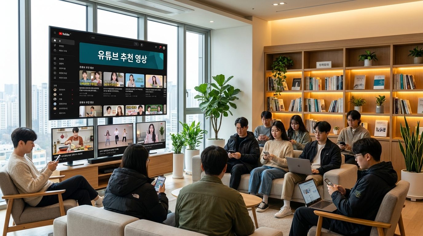 유튜브 시청기록 삭제 방법: 2026년 한국의 현대적인 거실에서 유튜브 첫 화면을 보고 다양한 연령대와 스타일의 한국인들이 스마트폰과 노트북으로 영상을 보는 모습의 선명한 실사 이미지